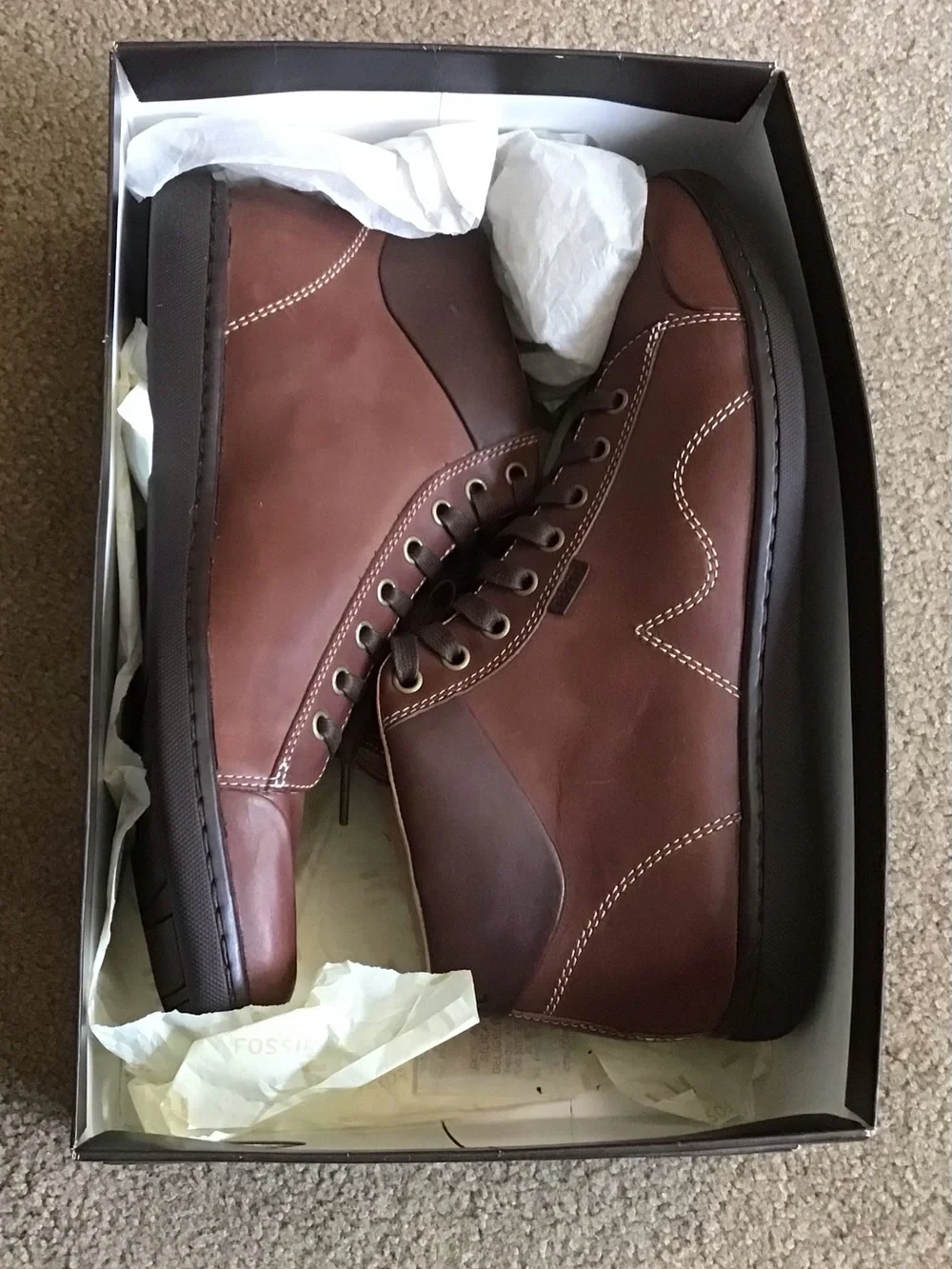 Fossil Pembroke Brown Leather High-Top Lace-Up Boots, Size 11 NIB